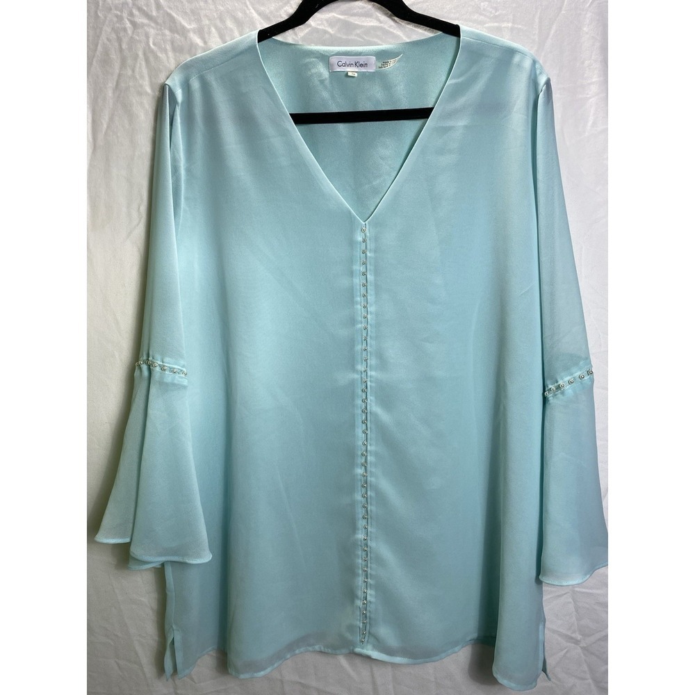 Calvin Klein Pearl Embellished Bell Sleeve Blouse Turquoise XL Polyester